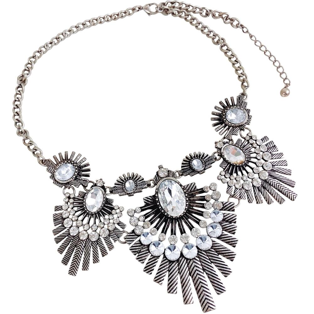 Art Deco Revival Statement Necklace, Glass Rhinestones, 2010s, 20"